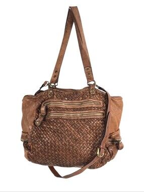 LANGELLOTTI Italian Distressed Leather Woven Tote Bag Large Crossbody Brown Hobo